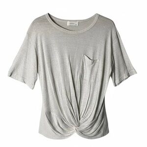 Happy Days Linen Blend Top Size Large Chest Pocket Oatmeal Beige Cinched Ruched